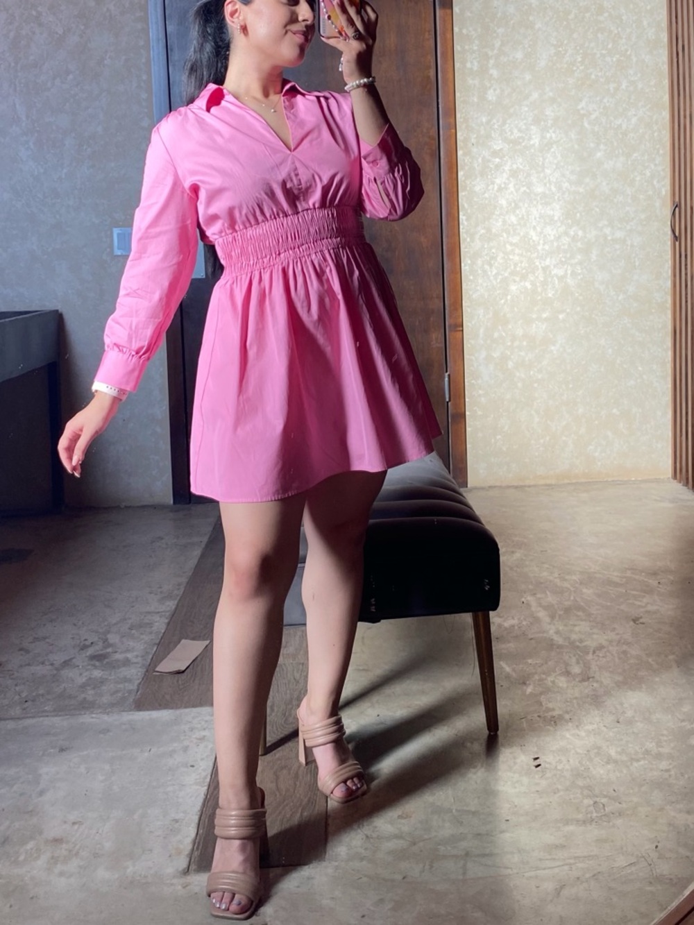 Women's Shirt Dress with Elastic Waist in Pink